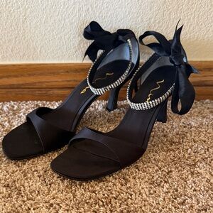 Nina Black Satin Open-Toe Heels with Crystal Ankle Strap and Ribbon Tie